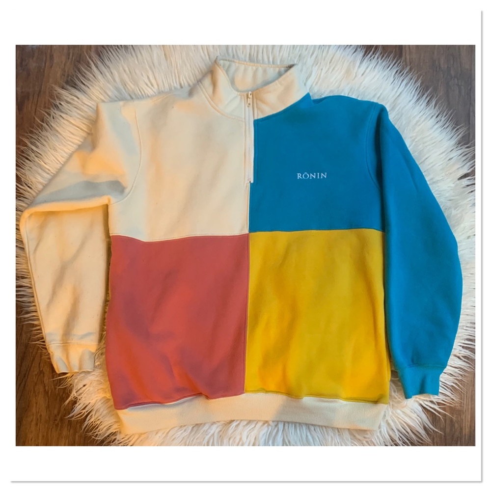 Ronin Colorblock Quarter Zip Fleece Sweatshirt Cream Blue Size Large